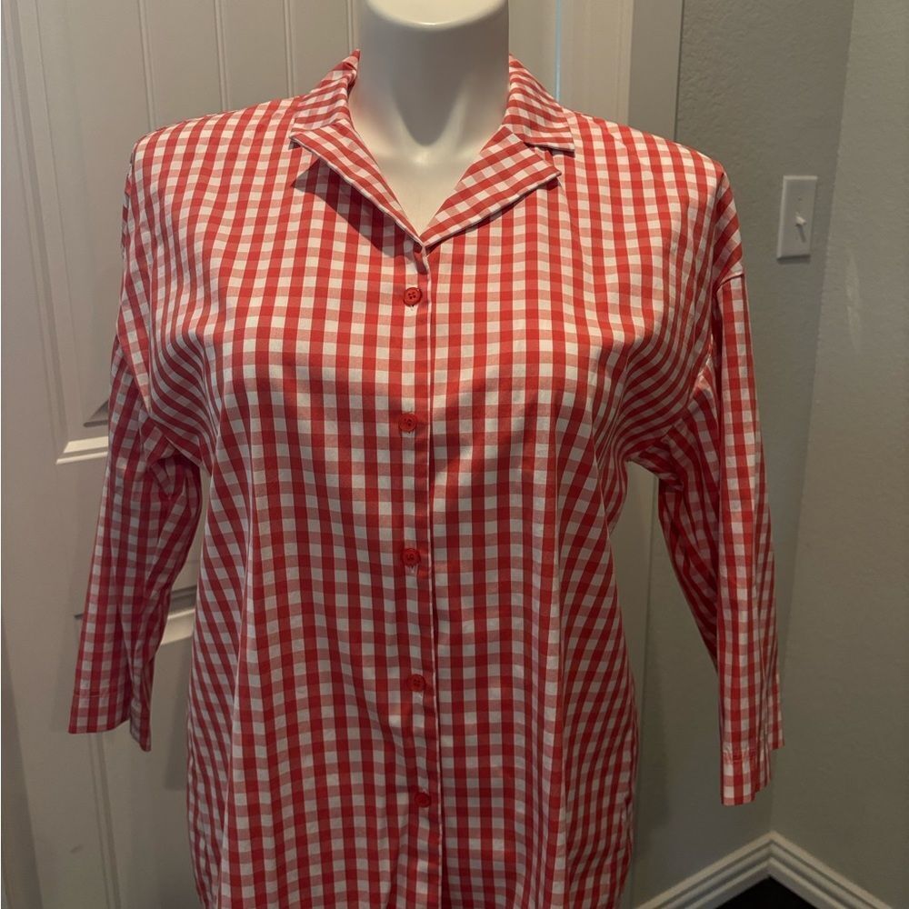 Lafayette 148 New York Coral and White Gingham 3/4 Sleeve Blouse